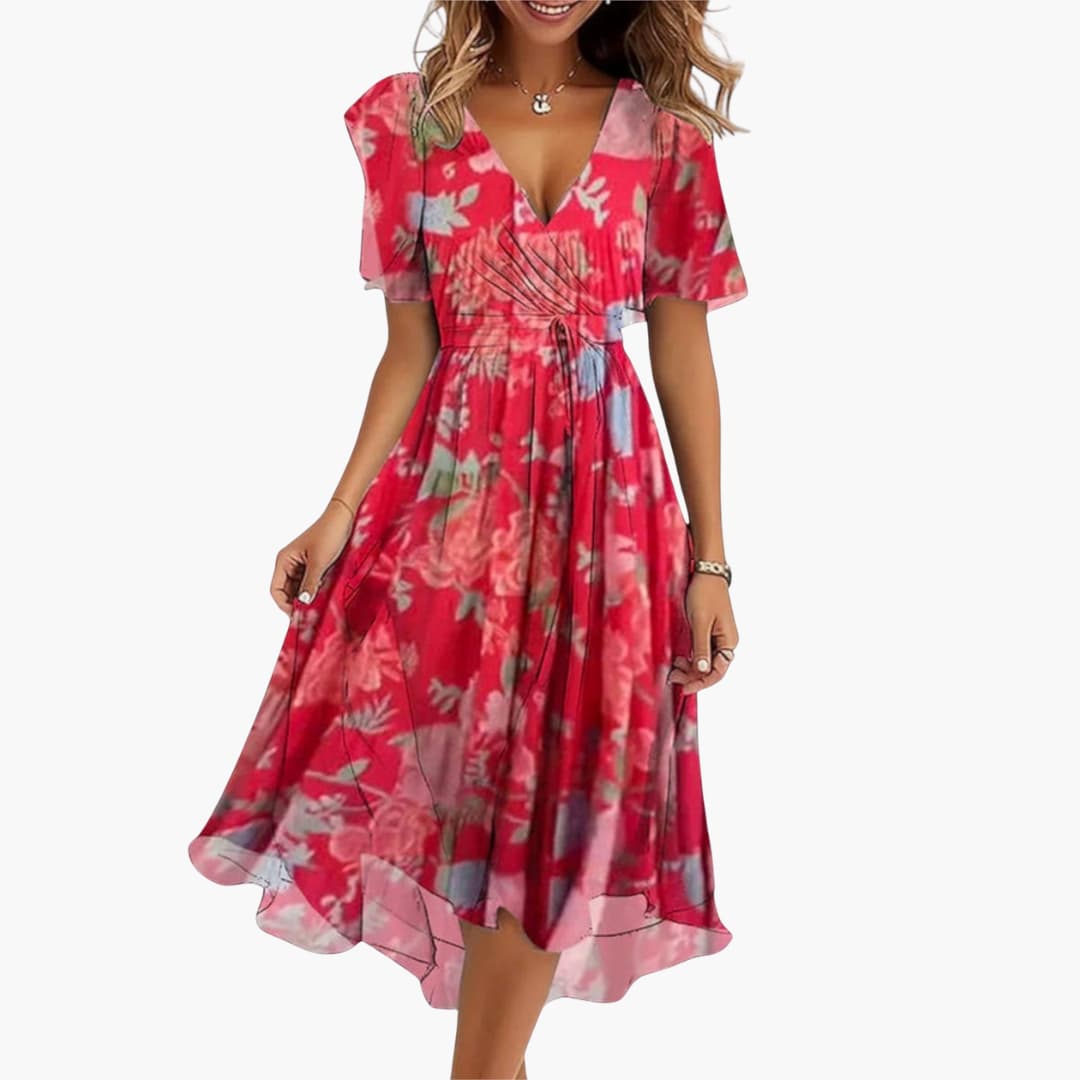 Women’s summer midi dress with high-low hem and V-neck
