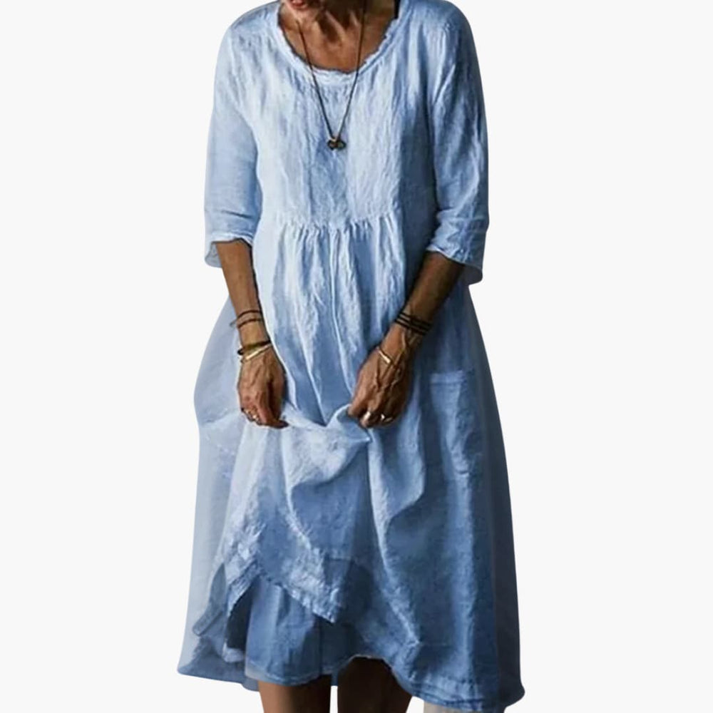 Women’s summer midi dress with 3/4 sleeves and pleats