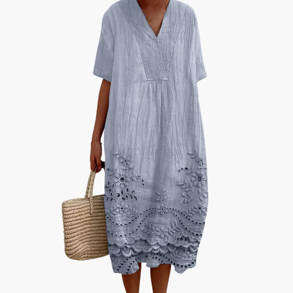 Women’s summer midi dress with embroidery and short sleeves