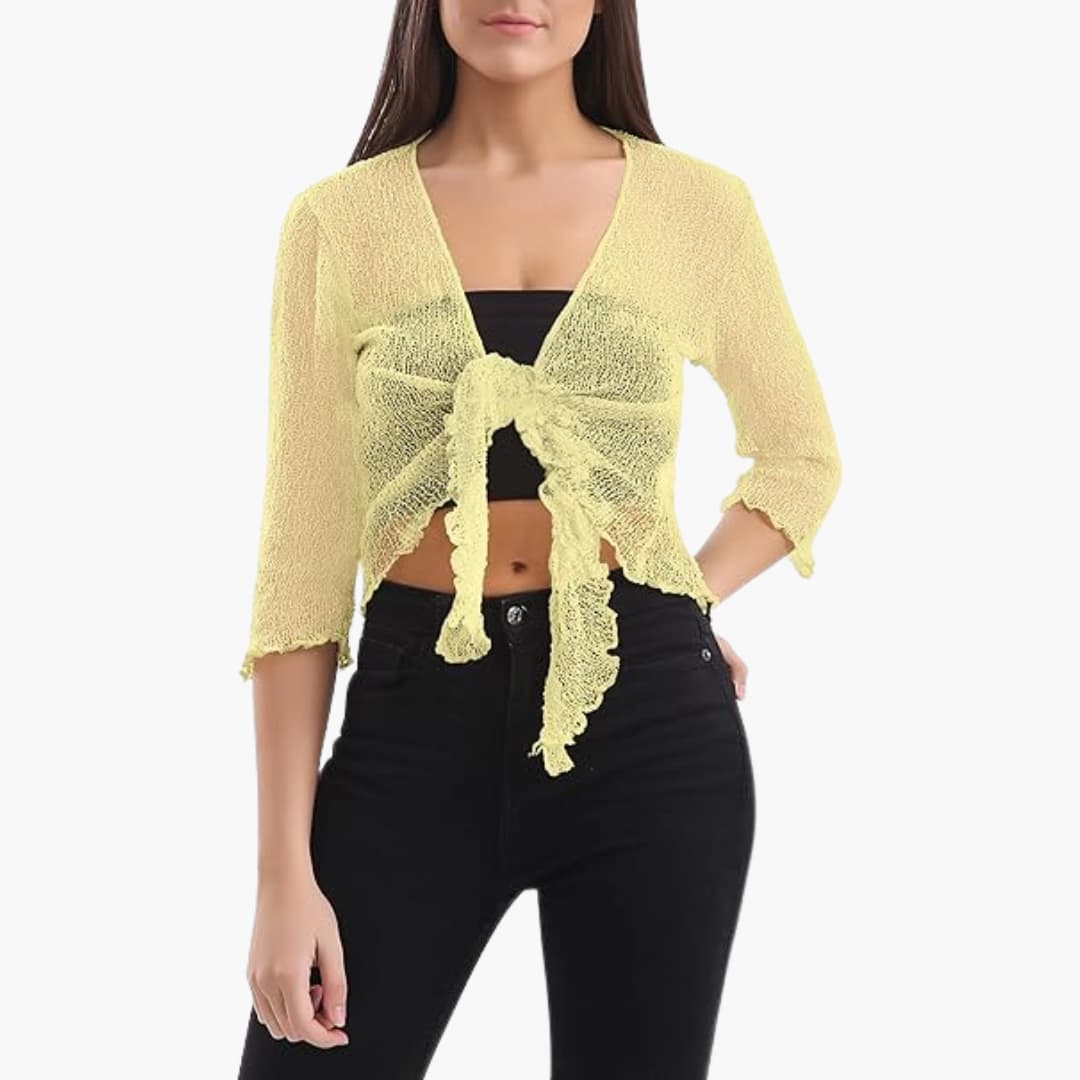 Women’s sheer cropped tie-up shrug with three-quarter sleeves