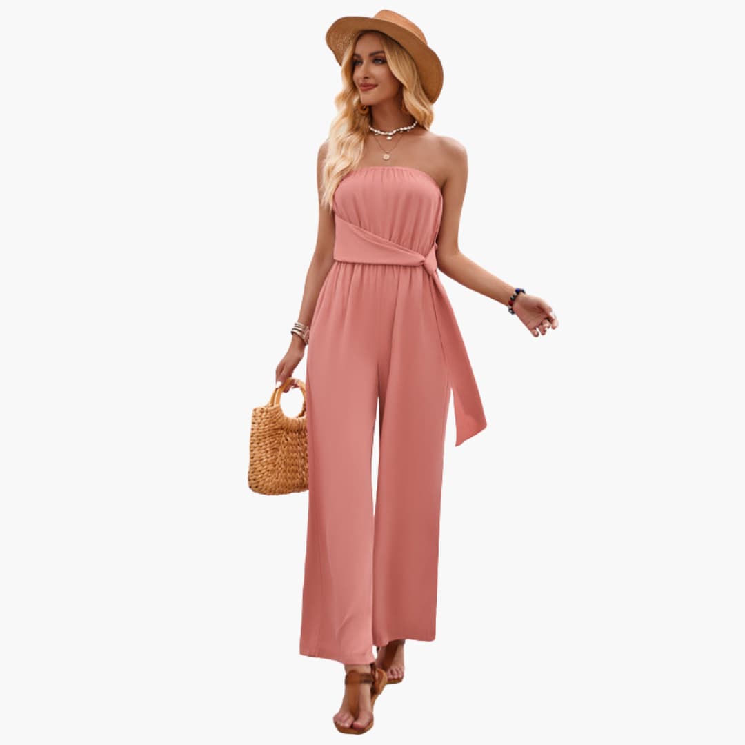 Women’s strapless summer jumpsuit with wide leg and waist tie