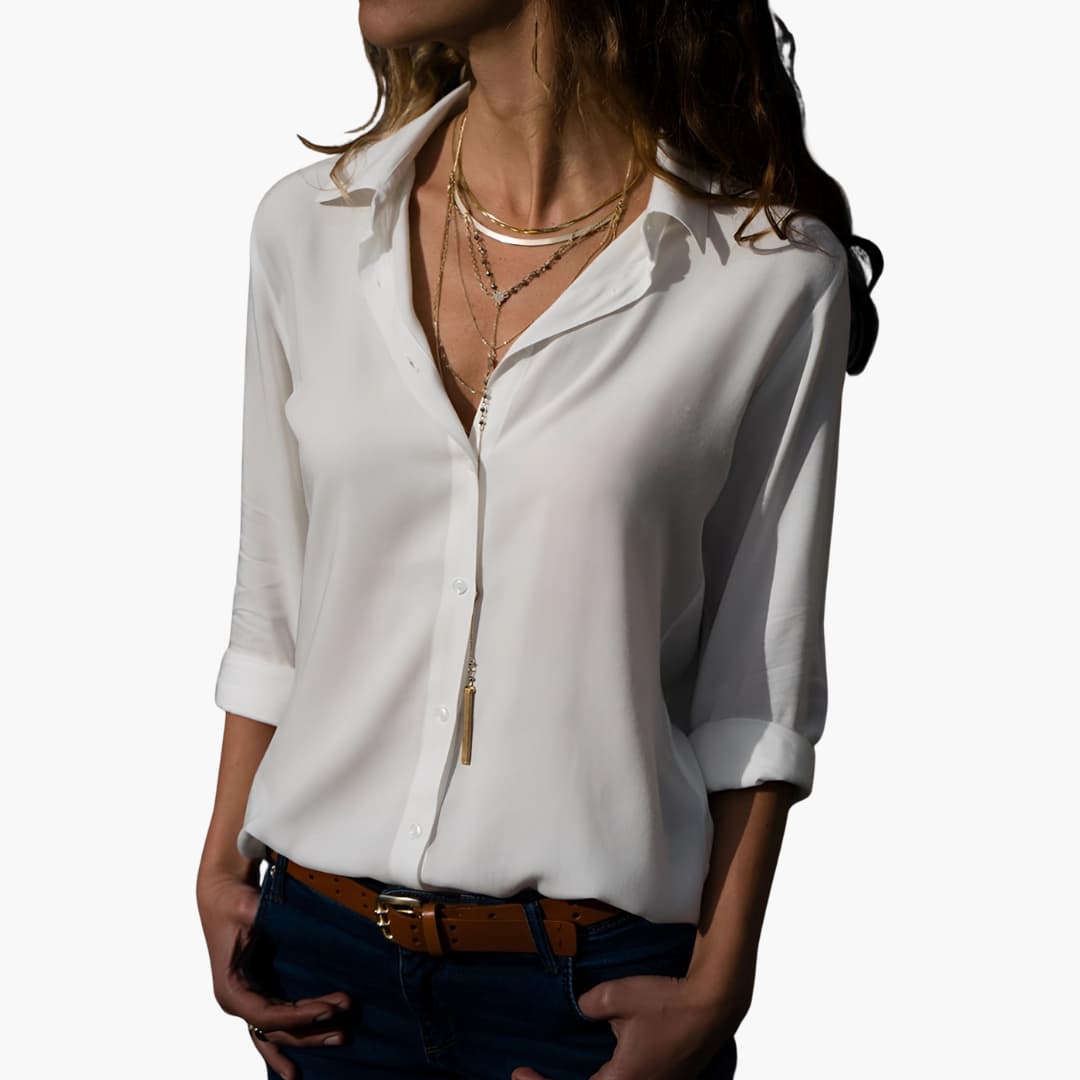 Women’s silk long sleeve blouse with collared V-neck front