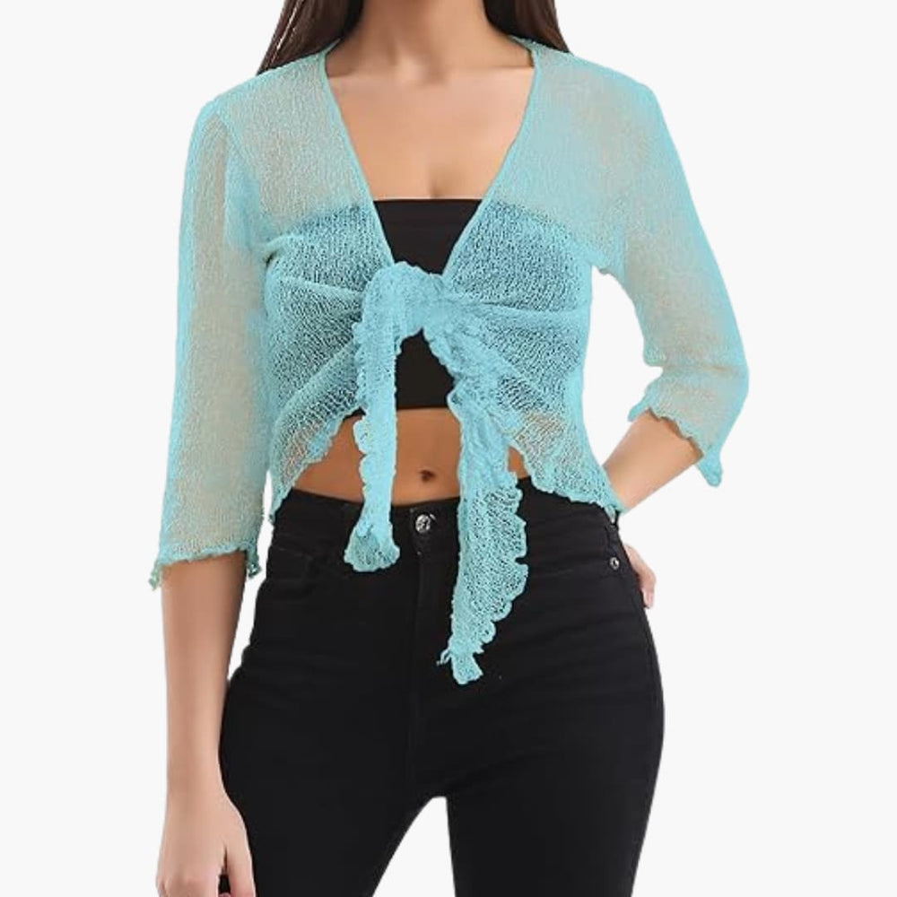 Women’s tie-up bolero top with sheer knit and cropped fit