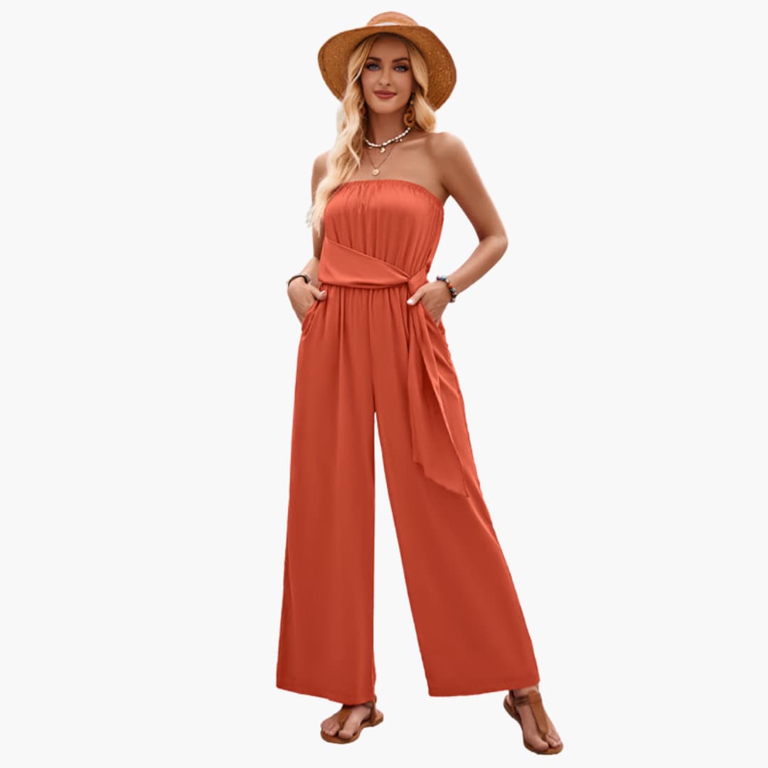 Women’s strapless summer jumpsuit with wide leg and waist tie