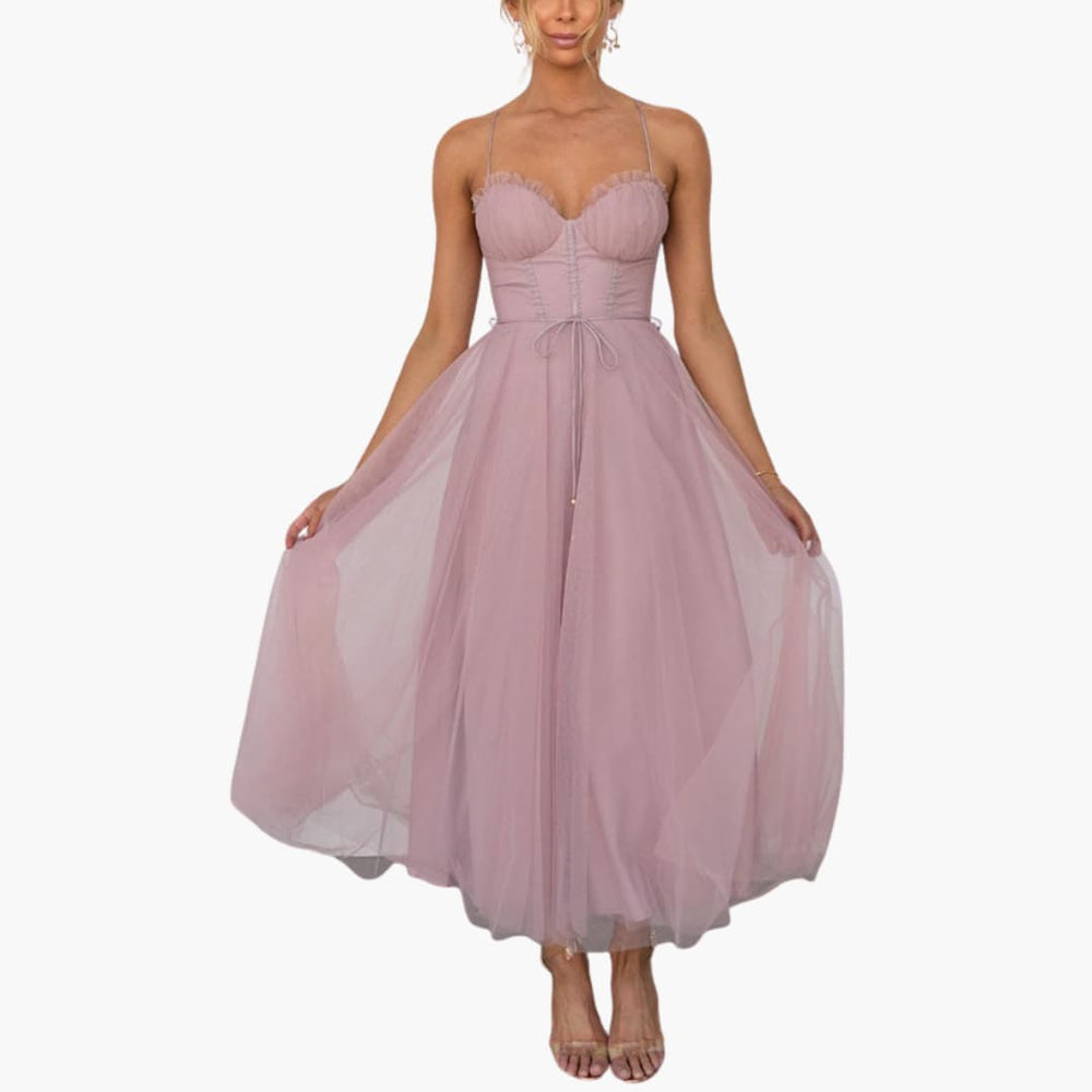 Women’s tulle maxi dress with spaghetti straps and ruched bust