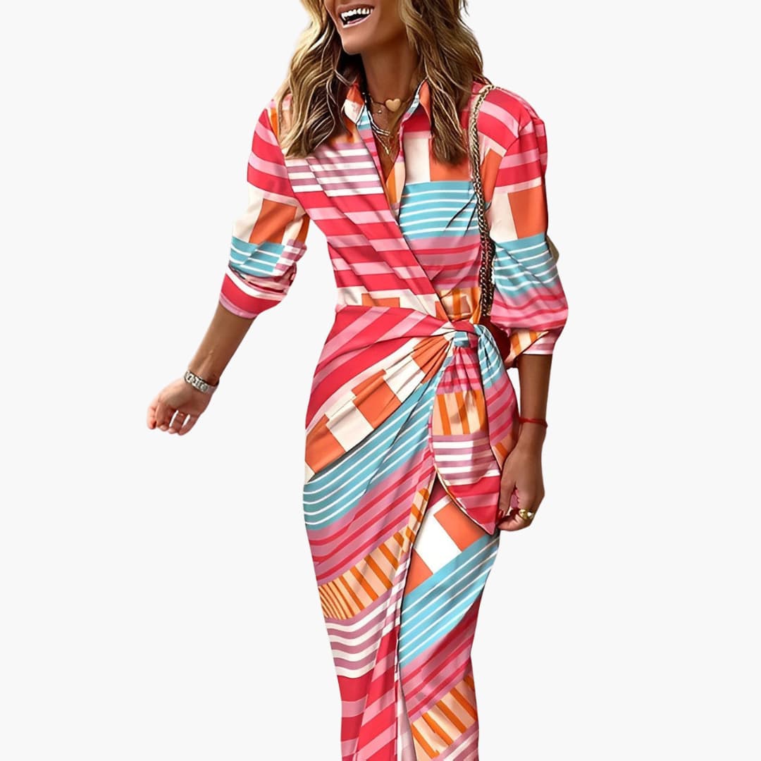 Women’s summer midi dress with side knot and striped print