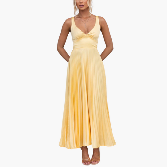 Yellow Pleated V-Neck Maxi Dress for Women - Elegant Evening Wear