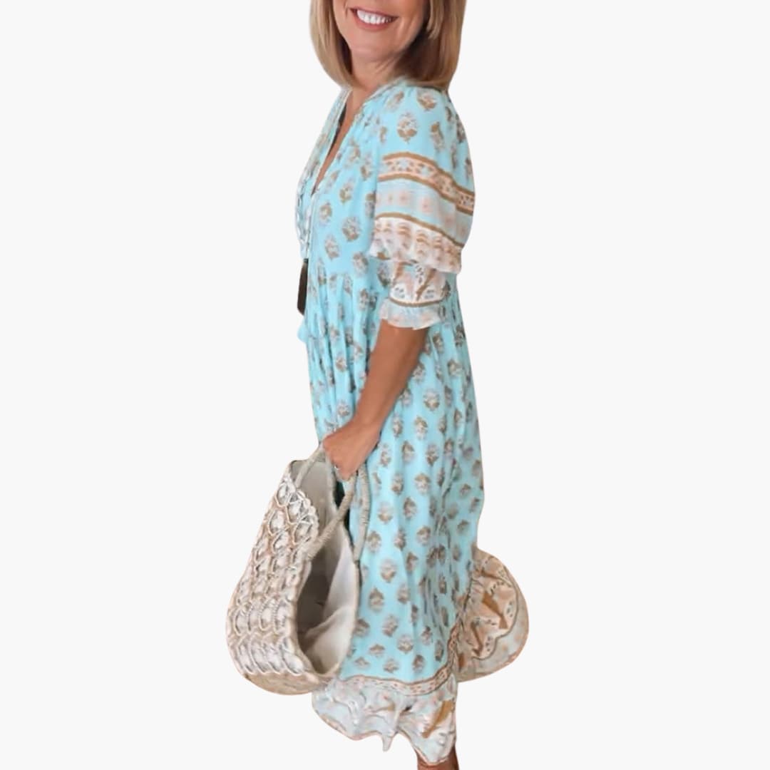Women’s summer dress with V-neck and all-over print