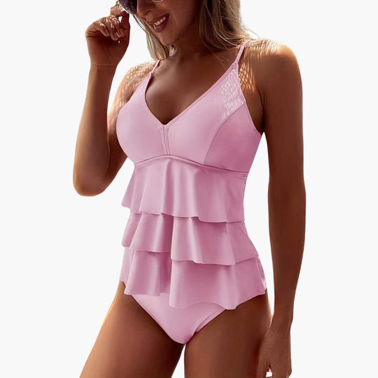 Women's one-piece swimsuit with V-neck and ruffle tiers