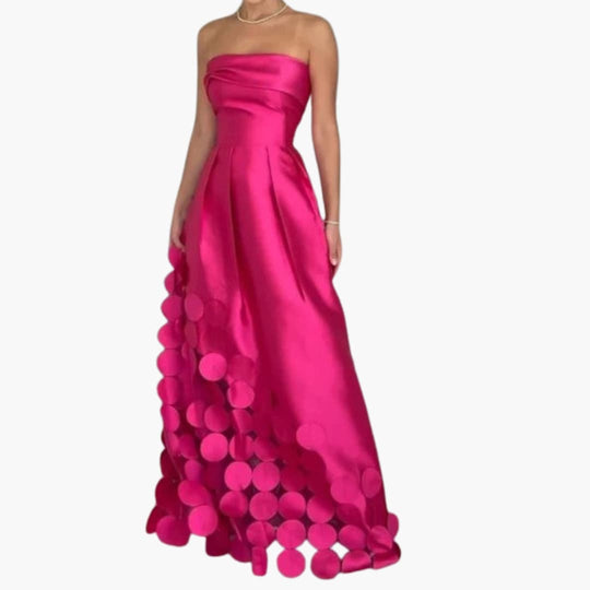 Women’s strapless full length evening dress with fitted bodice