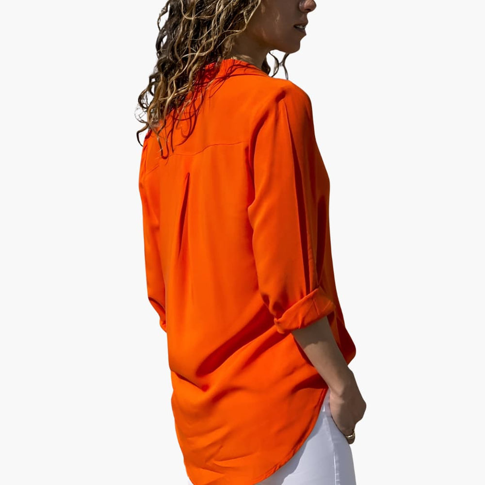 Women’s silk long sleeve blouse with collared V-neck front