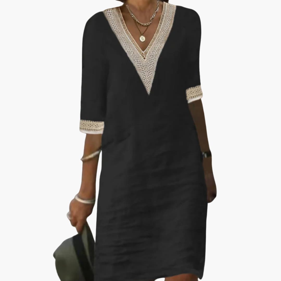 Women’s summer day dress with V-neck and 3/4 sleeves