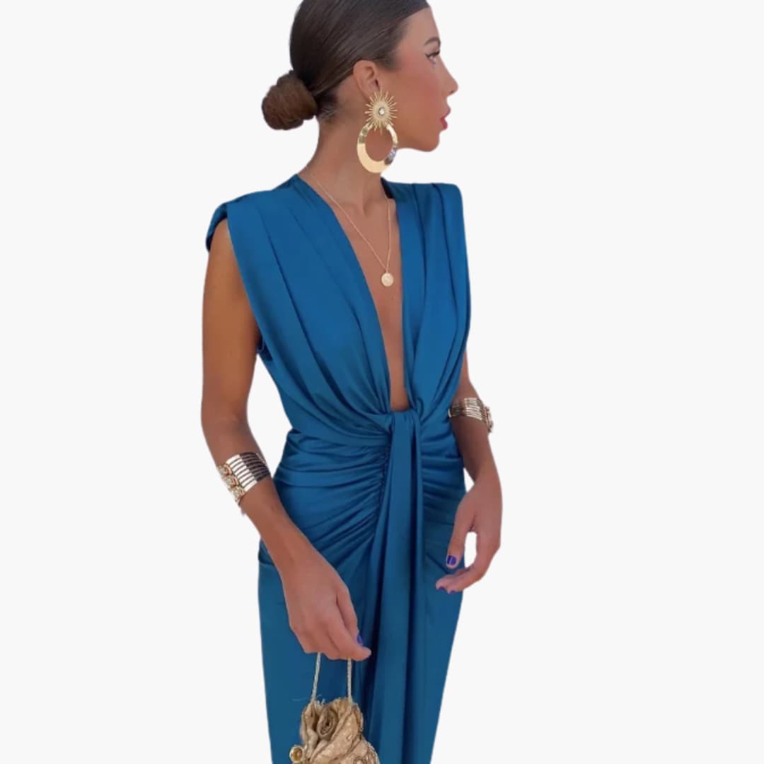 Women’s sleeveless evening dress with deep V-neck and ruched waist