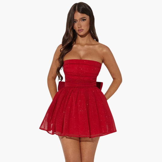 Women’s strapless mini dress with sequins and back bow detail