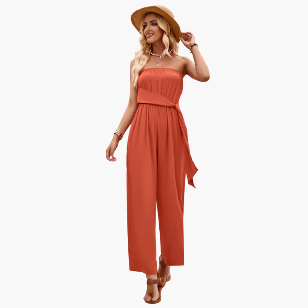 Women’s strapless summer jumpsuit with wide leg and waist tie