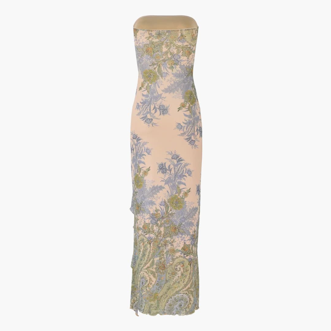Women’s strapless floral maxi dress with high slit hemline