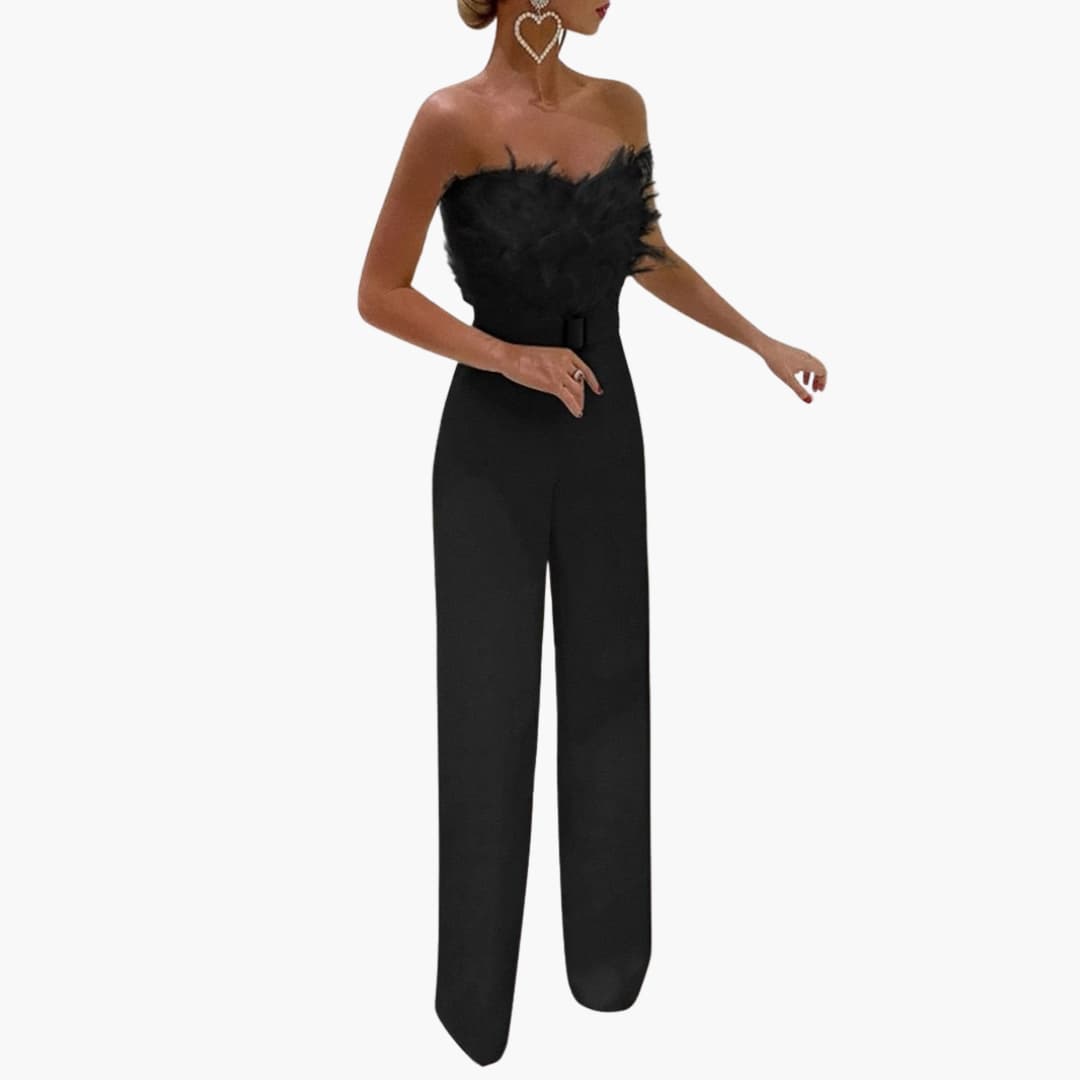 Women’s strapless feather top jumpsuit with wide-leg trousers