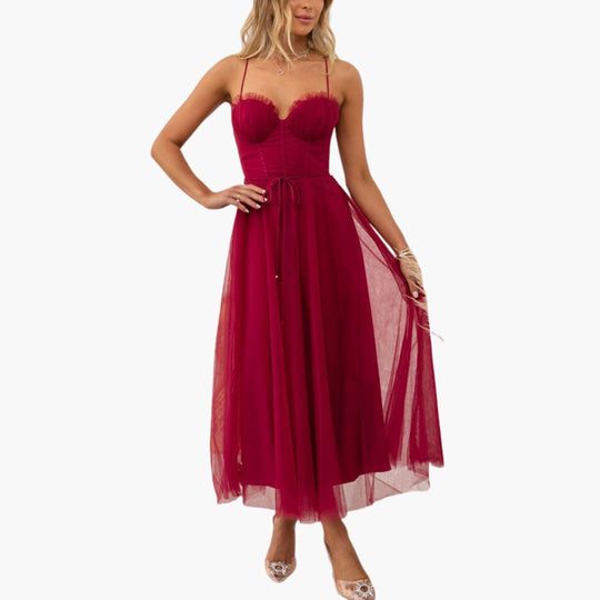 Women’s tulle maxi dress with spaghetti straps and ruched bust