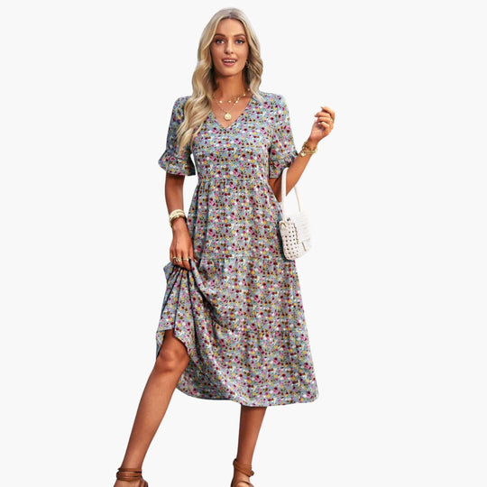 Women’s summer polyester dress with floral print and short sleeves