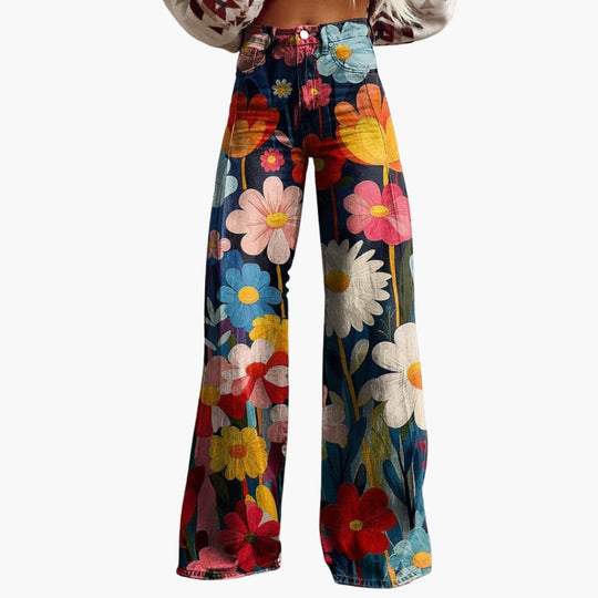 Women’s wide-leg floral trousers with high waist and zip closure