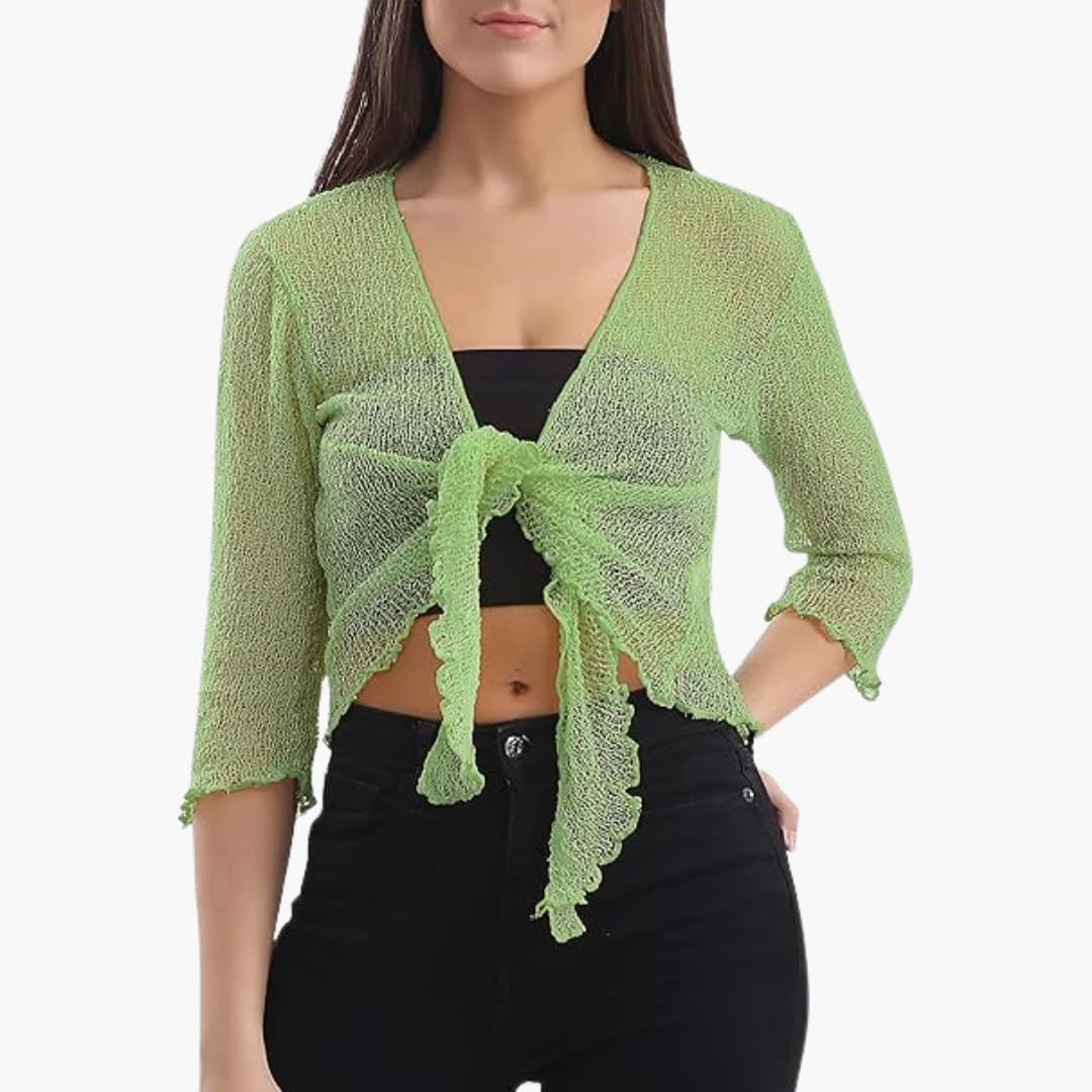 Women’s tie-up bolero top with sheer knit and cropped fit