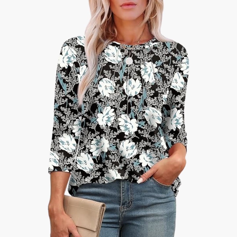 Women’s tunic top with crew neck pleats 3/4 sleeves curved hem