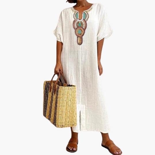 Airy Kaftan Dress with Ethnic Accent - Women’s Boho Summer Style