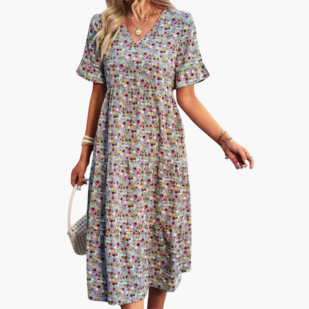 Women’s summer midi dress with floral print and short sleeves