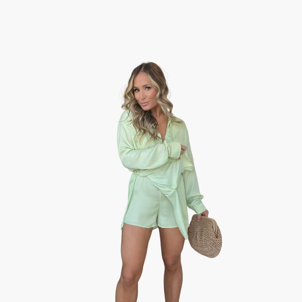 Women’s summer romper dress with long sleeves and drawstring waist