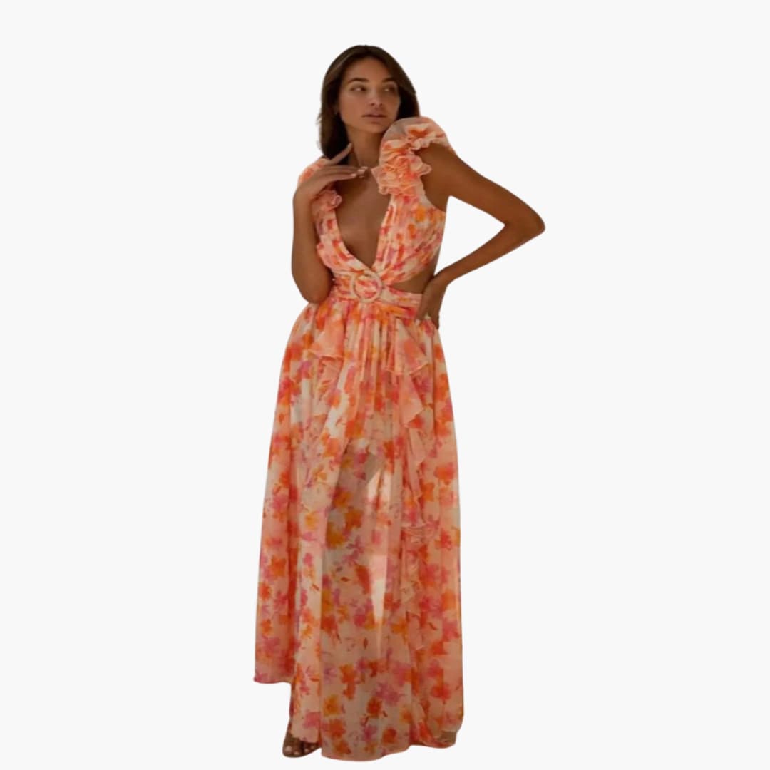 Women’s summer maxi dress with V-neck and open back design