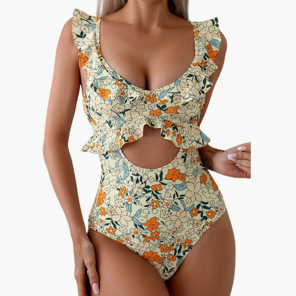 Floral One Piece Swimsuit - Ruffled Women’s Cut-Out Design