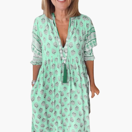 Women’s summer dress with V-neck and all-over print