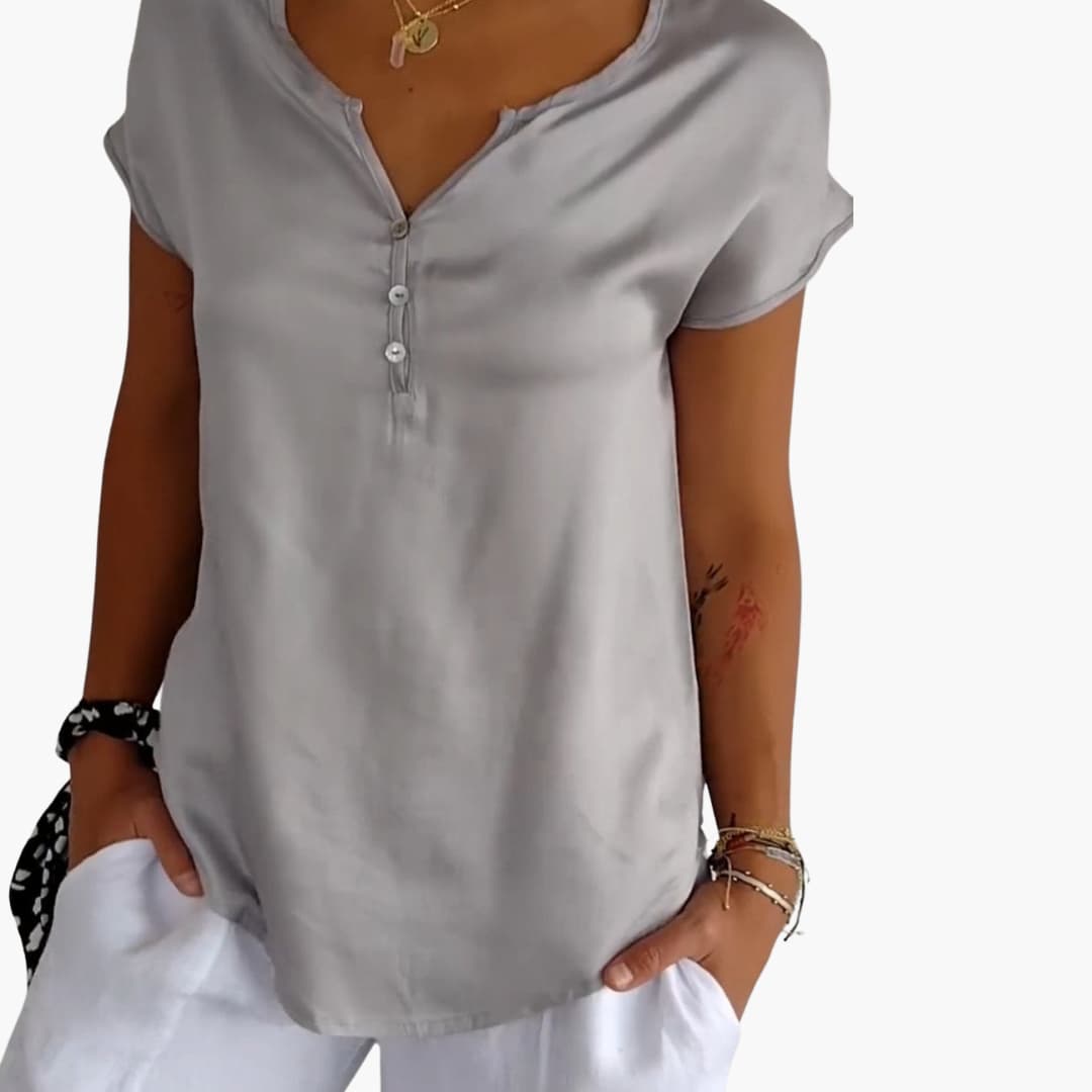 Women’s V-neck short sleeve top with button placket