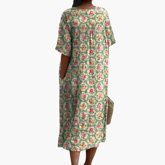 Women’s short sleeve midi dress with floral print V-neck