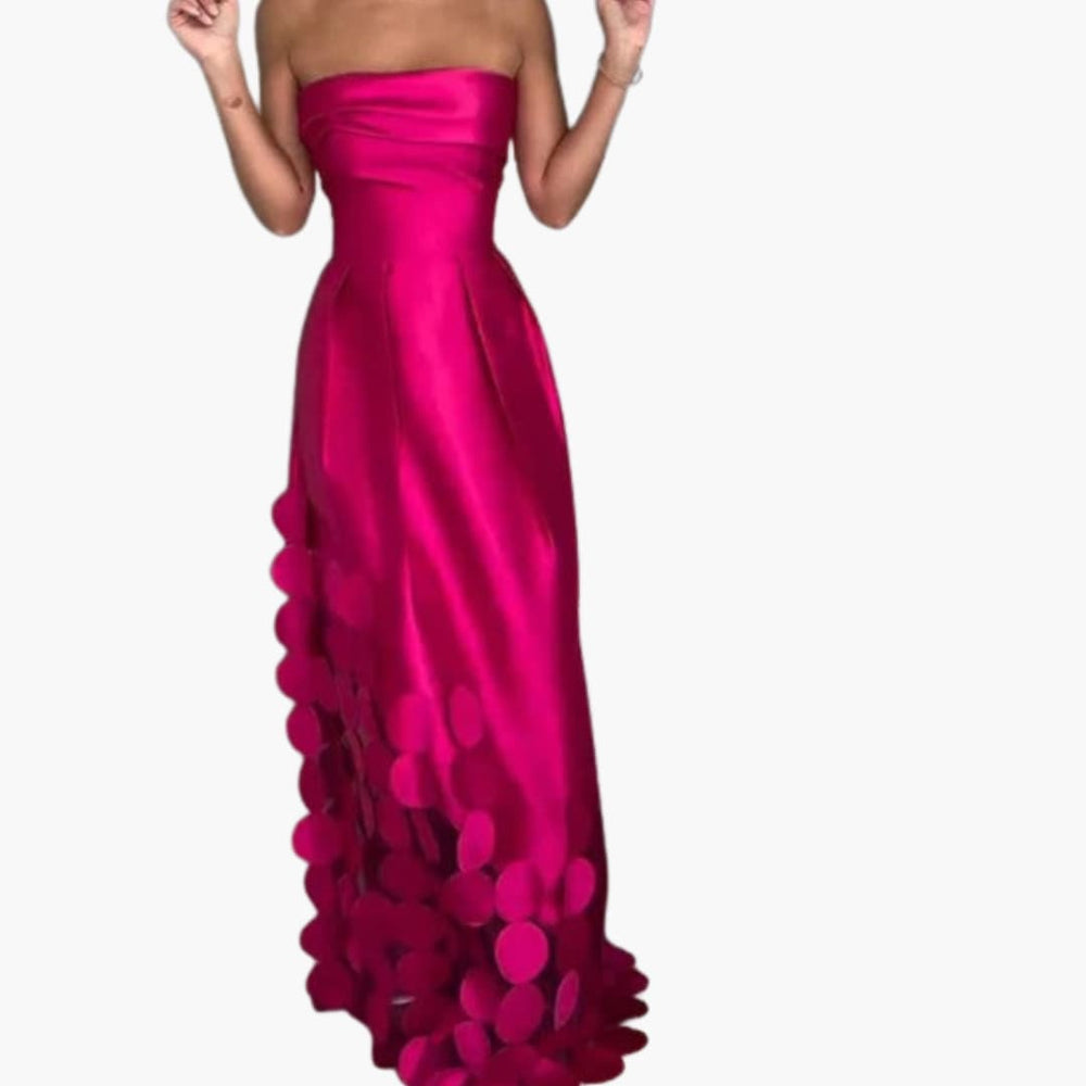 Women’s strapless full length evening dress with fitted bodice