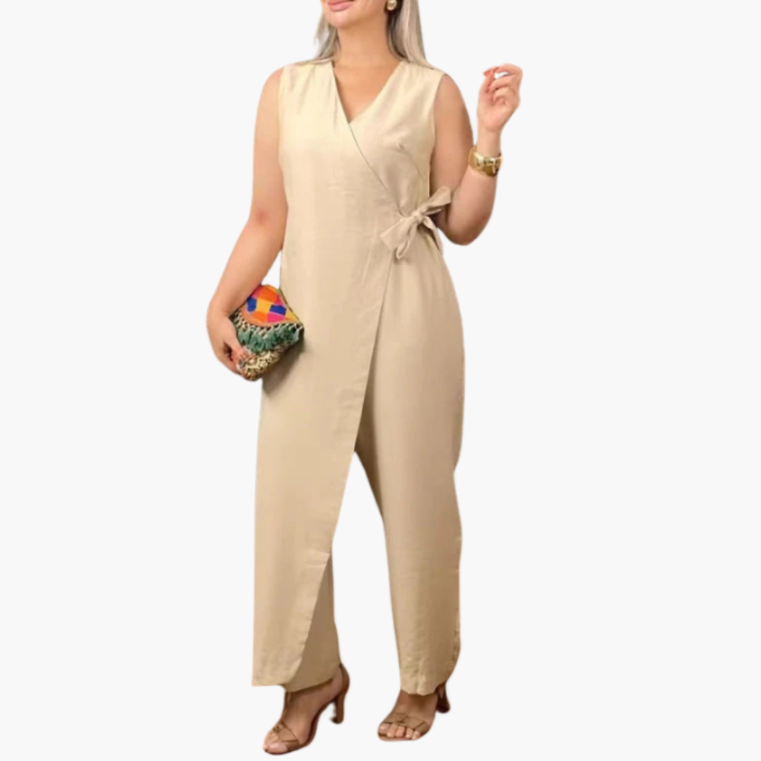 Wrap Jumpsuit for Women - Sleeveless Wide Leg Tie Waist