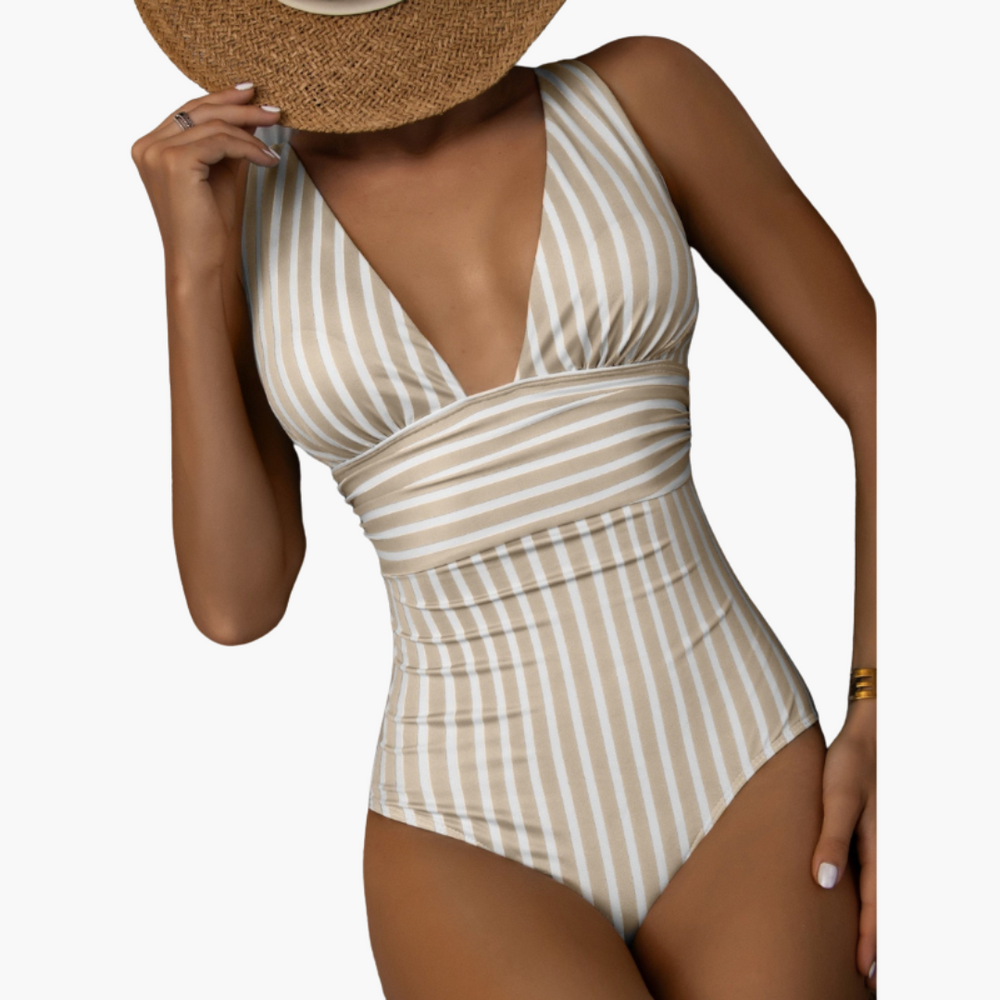 Striped One-Piece Swimsuit - Women's Shaping Beachwear Style