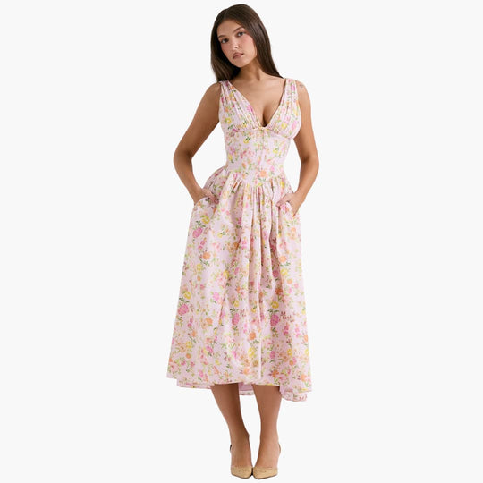 Women’s summer midi dress with V-neck and pockets