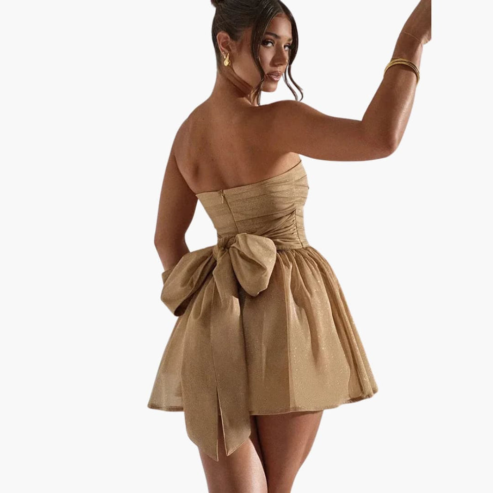 Women’s strapless mini dress with sequins and back bow detail