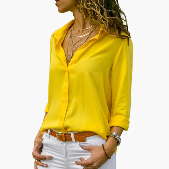 Women’s silk long sleeve blouse with collared V-neck front