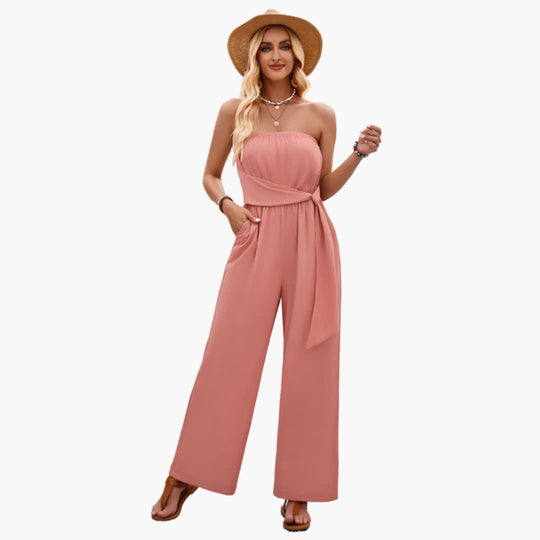 Women’s strapless summer jumpsuit with wide leg and waist tie