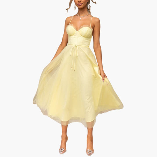 Women’s tulle maxi dress with spaghetti straps and ruched bust