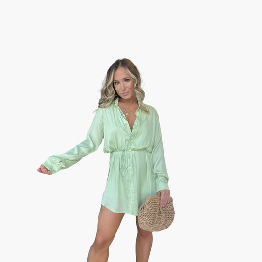 Women’s summer romper dress with long sleeves and drawstring waist