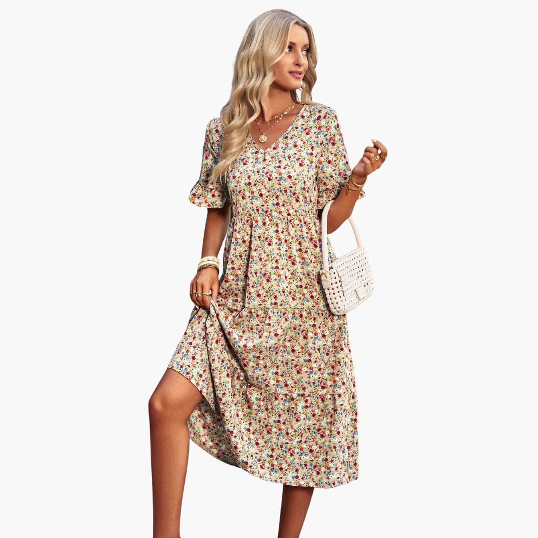 Women’s summer polyester dress with floral print and short sleeves