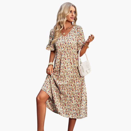 Women’s summer polyester dress with floral print and short sleeves