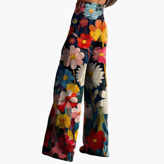 Women’s wide-leg floral trousers with high waist and zip closure