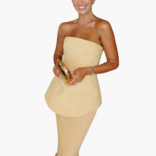 Women’s strapless maxi dress with pleated skirt and peplum bodice