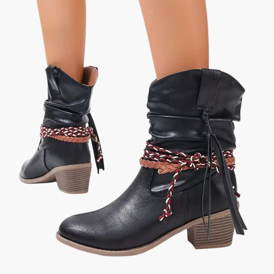 Women’s Western ankle boots with block heel and tassel detail