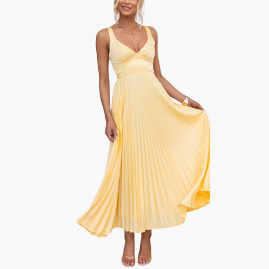 Yellow Pleated V-Neck Maxi Dress for Women - Elegant Evening Wear