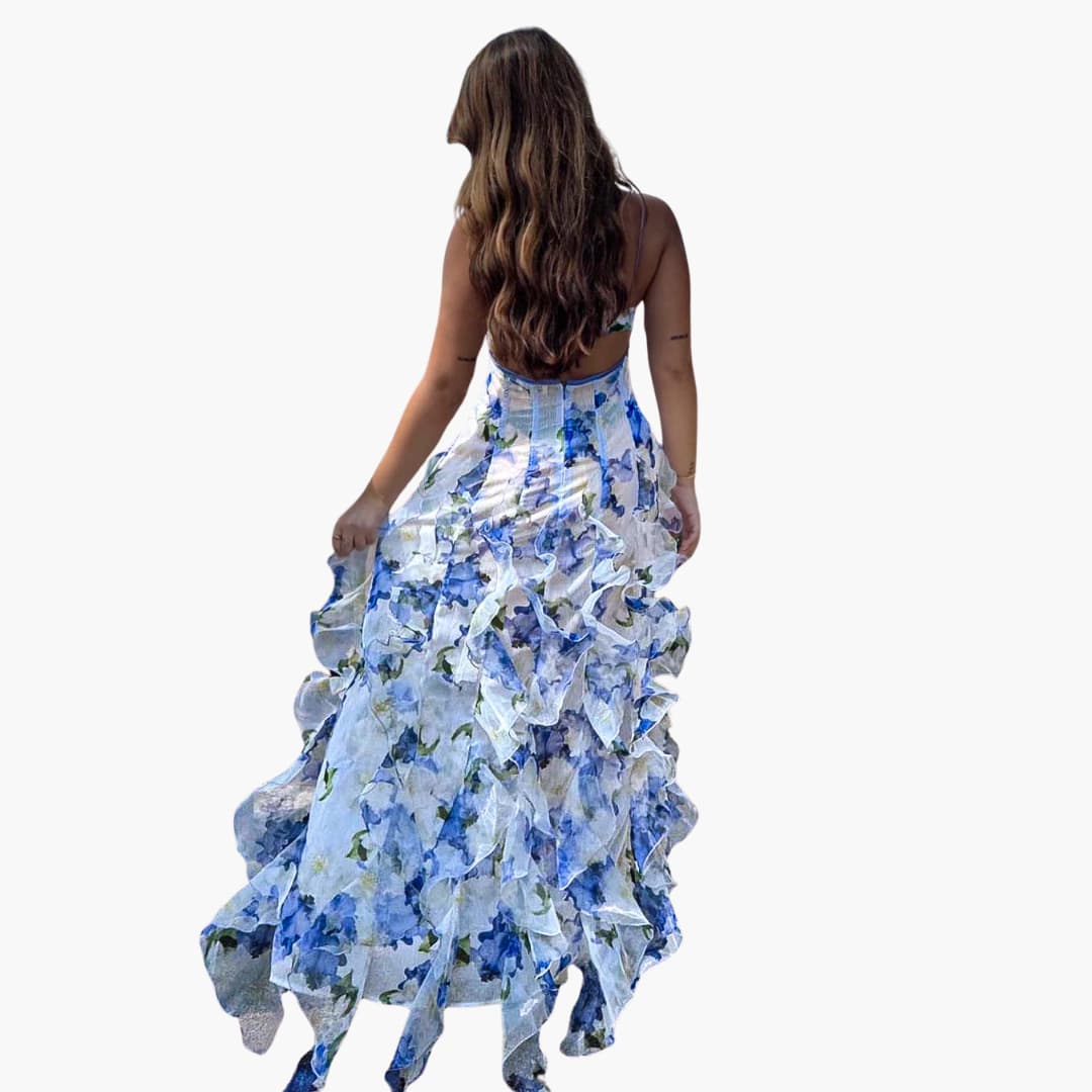 Women’s sleeveless floral summer dress with V-neck and ruffles